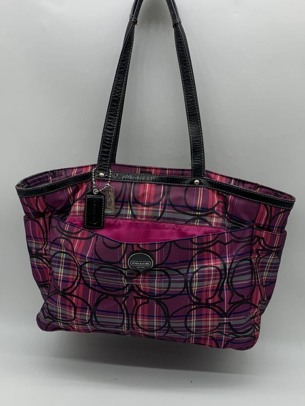 Coach Pink and Black Plaid Signature Tote